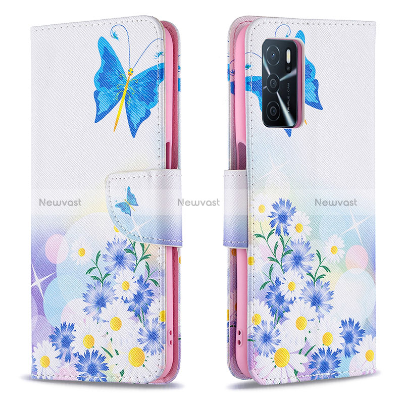 Leather Case Stands Fashionable Pattern Flip Cover Holder B01F for Oppo A16 Blue