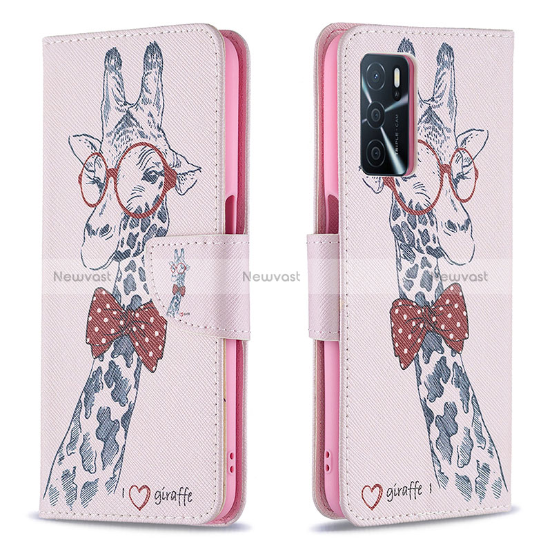 Leather Case Stands Fashionable Pattern Flip Cover Holder B01F for Oppo A16 Pink