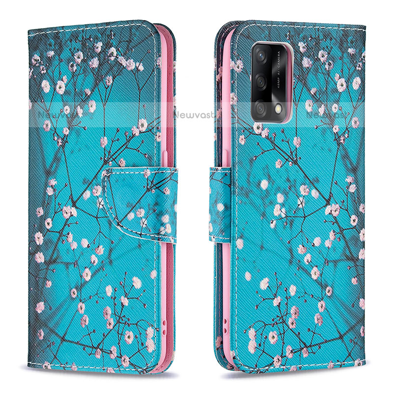 Leather Case Stands Fashionable Pattern Flip Cover Holder B01F for Oppo A74 4G Cyan