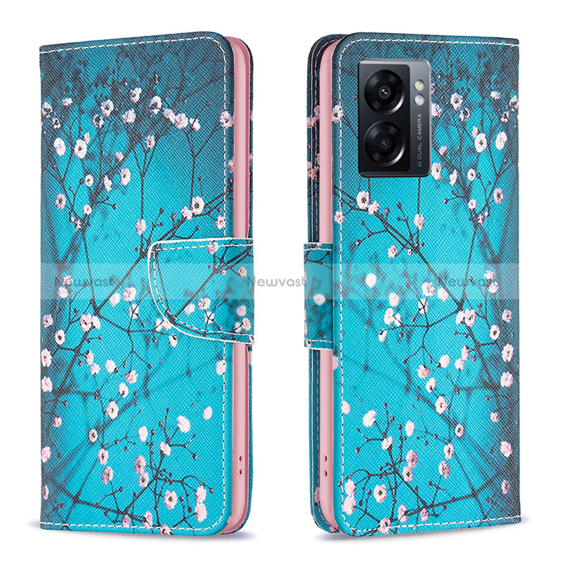 Leather Case Stands Fashionable Pattern Flip Cover Holder B01F for Oppo A77 5G Cyan