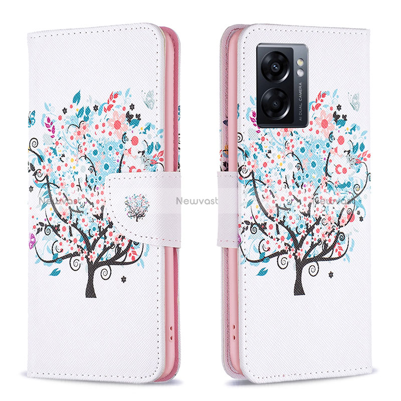 Leather Case Stands Fashionable Pattern Flip Cover Holder B01F for Oppo A77 5G White