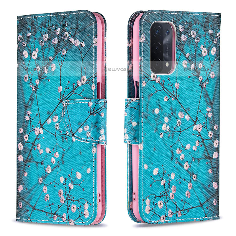 Leather Case Stands Fashionable Pattern Flip Cover Holder B01F for Oppo A93 5G Cyan
