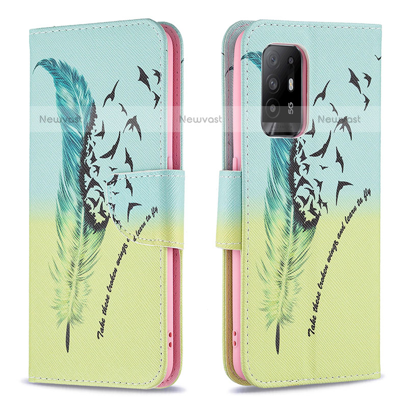 Leather Case Stands Fashionable Pattern Flip Cover Holder B01F for Oppo A94 5G Matcha Green