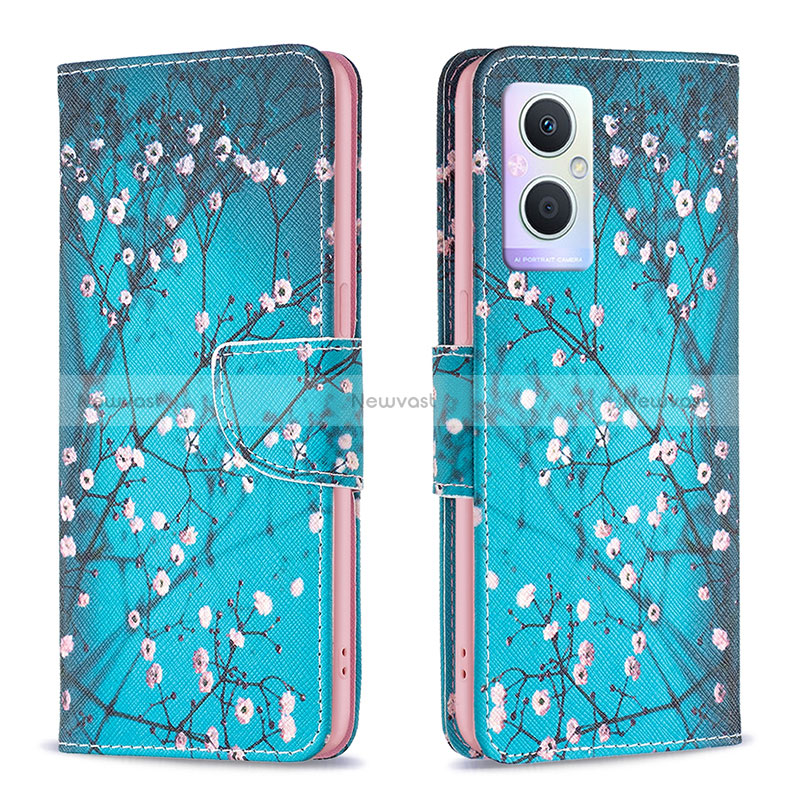 Leather Case Stands Fashionable Pattern Flip Cover Holder B01F for Oppo A96 5G Cyan