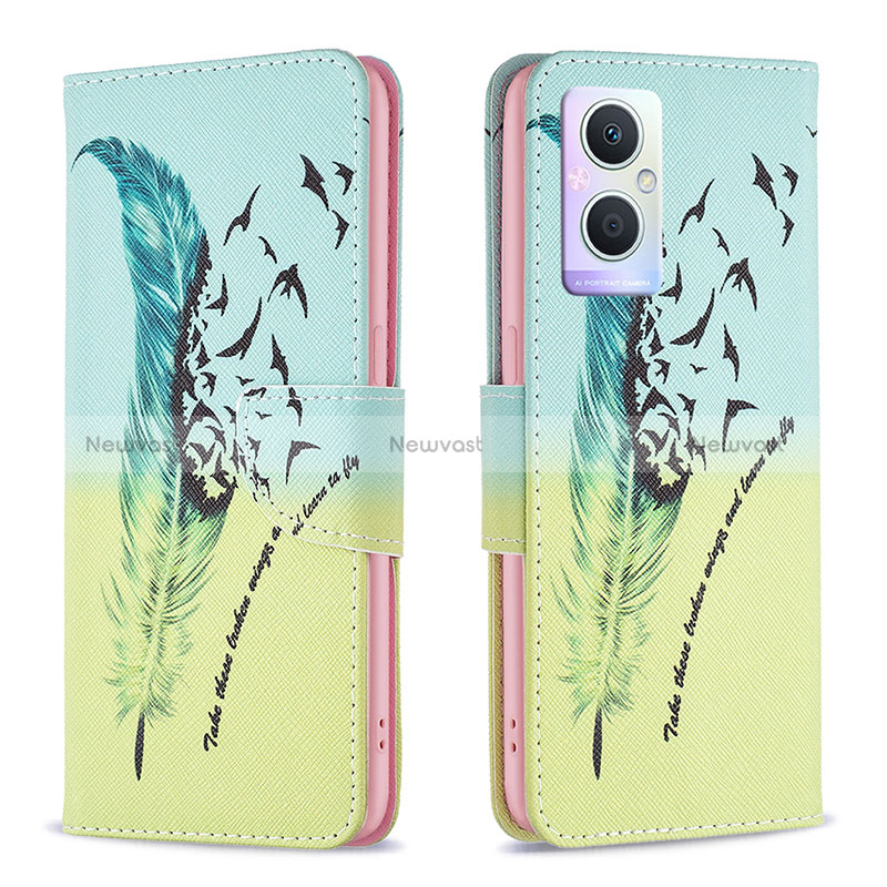 Leather Case Stands Fashionable Pattern Flip Cover Holder B01F for Oppo A96 5G Matcha Green