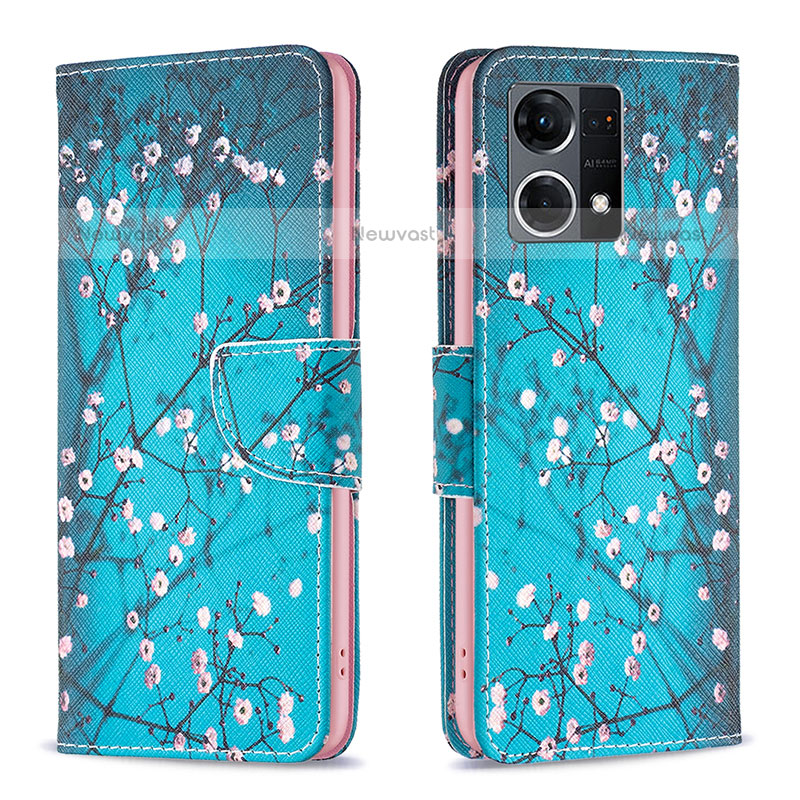 Leather Case Stands Fashionable Pattern Flip Cover Holder B01F for Oppo F21 Pro 4G Cyan