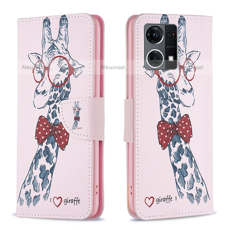 Leather Case Stands Fashionable Pattern Flip Cover Holder B01F for Oppo F21s Pro 4G Pink