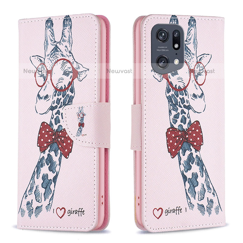 Leather Case Stands Fashionable Pattern Flip Cover Holder B01F for Oppo Find X5 Pro 5G Pink