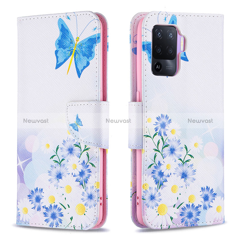 Leather Case Stands Fashionable Pattern Flip Cover Holder B01F for Oppo Reno5 Lite Blue