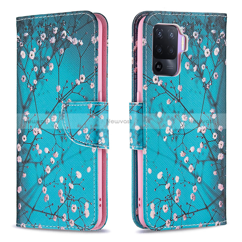 Leather Case Stands Fashionable Pattern Flip Cover Holder B01F for Oppo Reno5 Lite Cyan