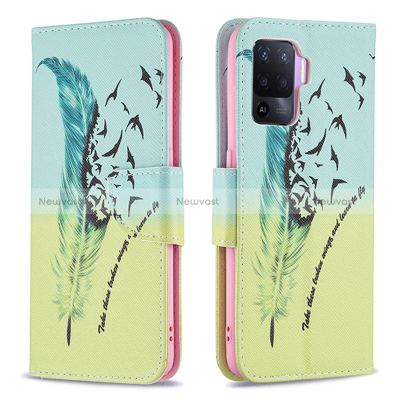 Leather Case Stands Fashionable Pattern Flip Cover Holder B01F for Oppo Reno5 Lite Matcha Green