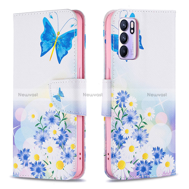 Leather Case Stands Fashionable Pattern Flip Cover Holder B01F for Oppo Reno6 5G Blue