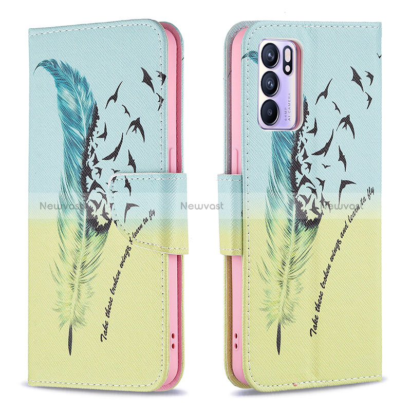 Leather Case Stands Fashionable Pattern Flip Cover Holder B01F for Oppo Reno6 5G Matcha Green