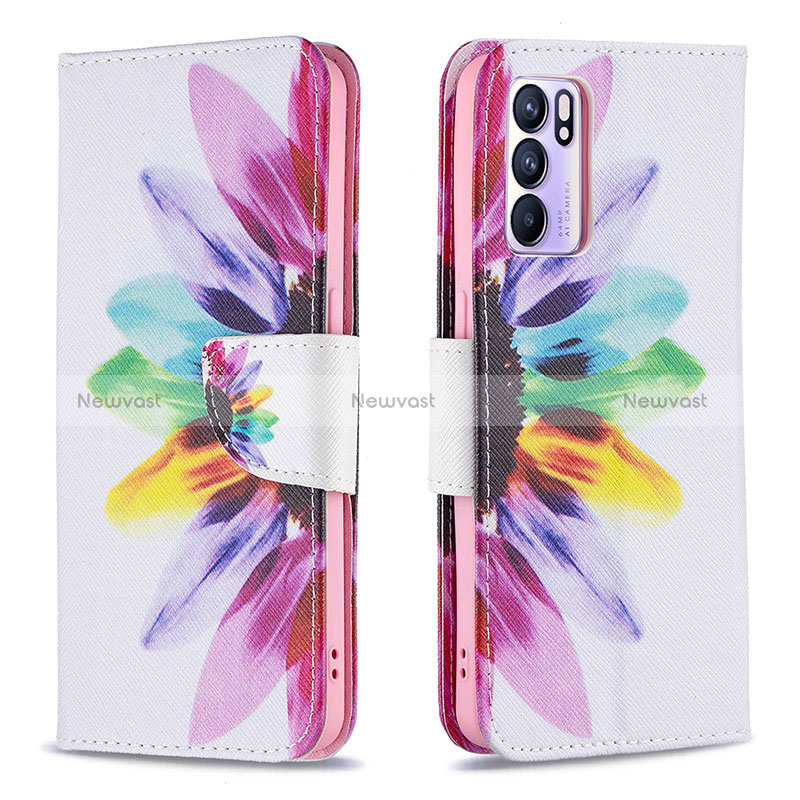 Leather Case Stands Fashionable Pattern Flip Cover Holder B01F for Oppo Reno6 5G Mixed