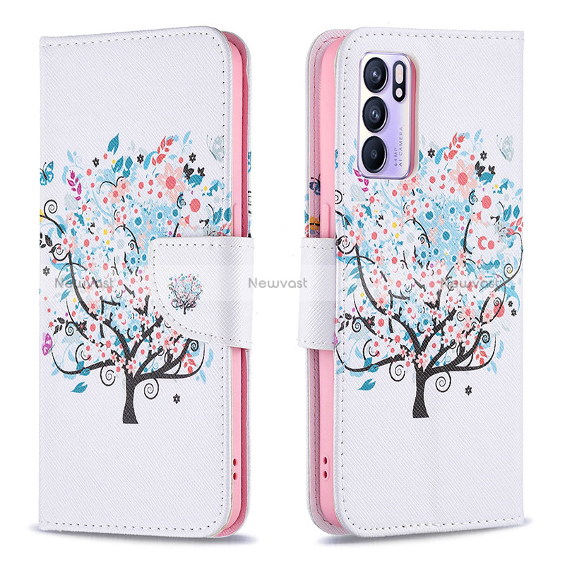 Leather Case Stands Fashionable Pattern Flip Cover Holder B01F for Oppo Reno6 5G White