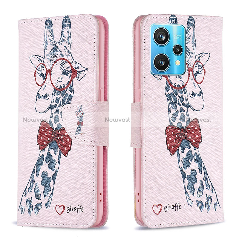 Leather Case Stands Fashionable Pattern Flip Cover Holder B01F for Realme 9 4G Pink