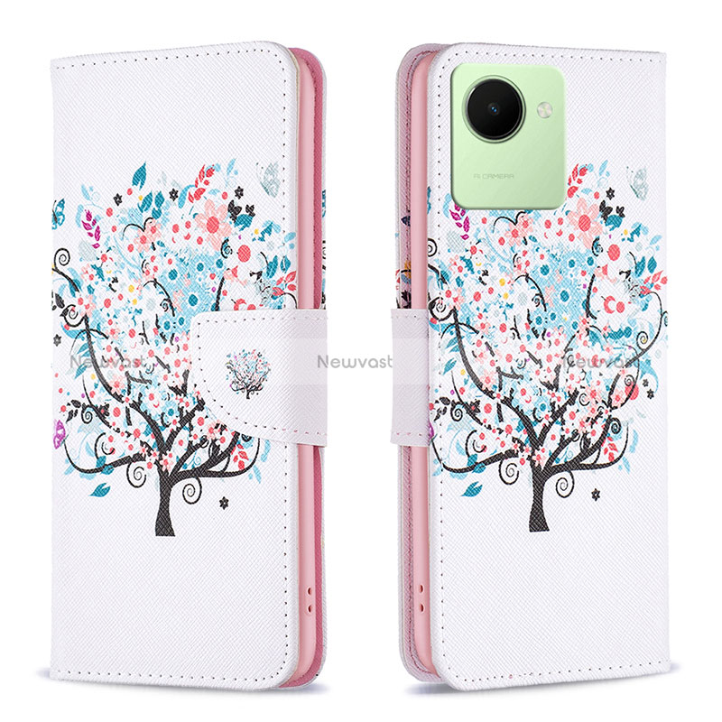 Leather Case Stands Fashionable Pattern Flip Cover Holder B01F for Realme C30 White