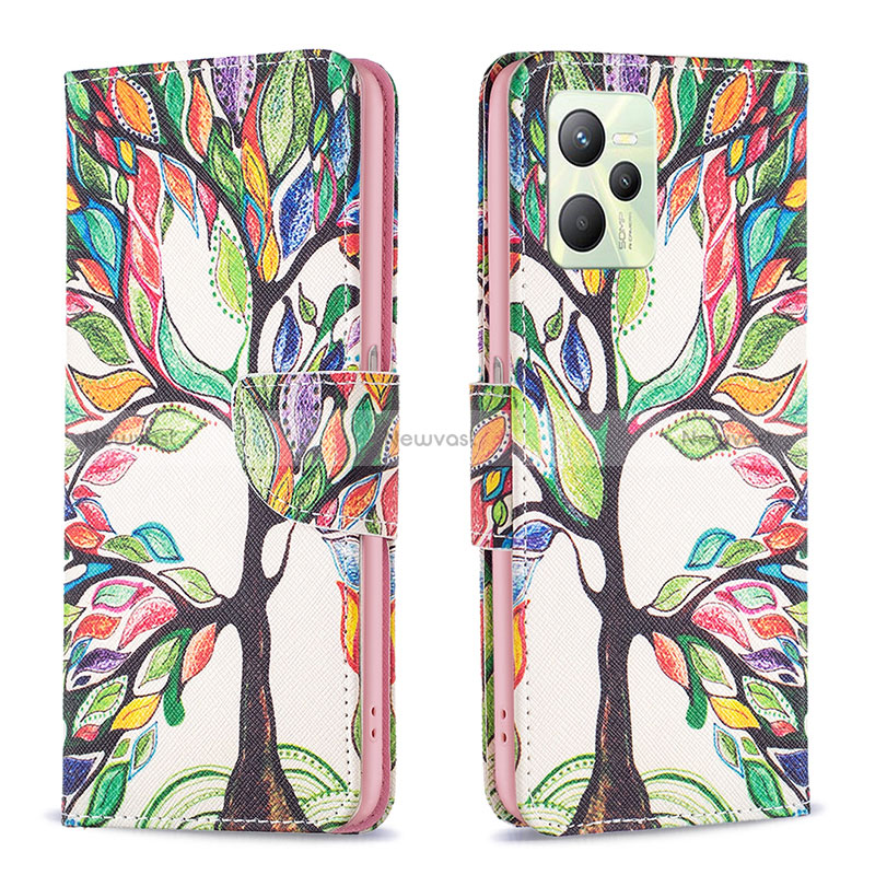 Leather Case Stands Fashionable Pattern Flip Cover Holder B01F for Realme C35 Green