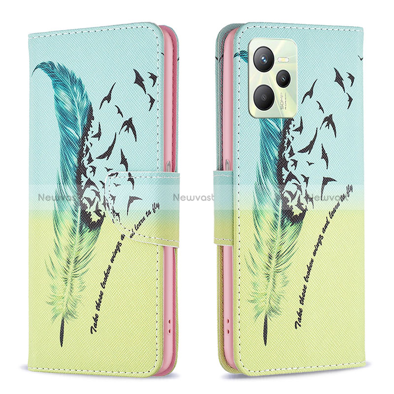 Leather Case Stands Fashionable Pattern Flip Cover Holder B01F for Realme C35 Matcha Green