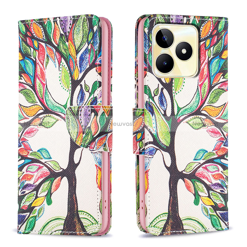 Leather Case Stands Fashionable Pattern Flip Cover Holder B01F for Realme C51 Green