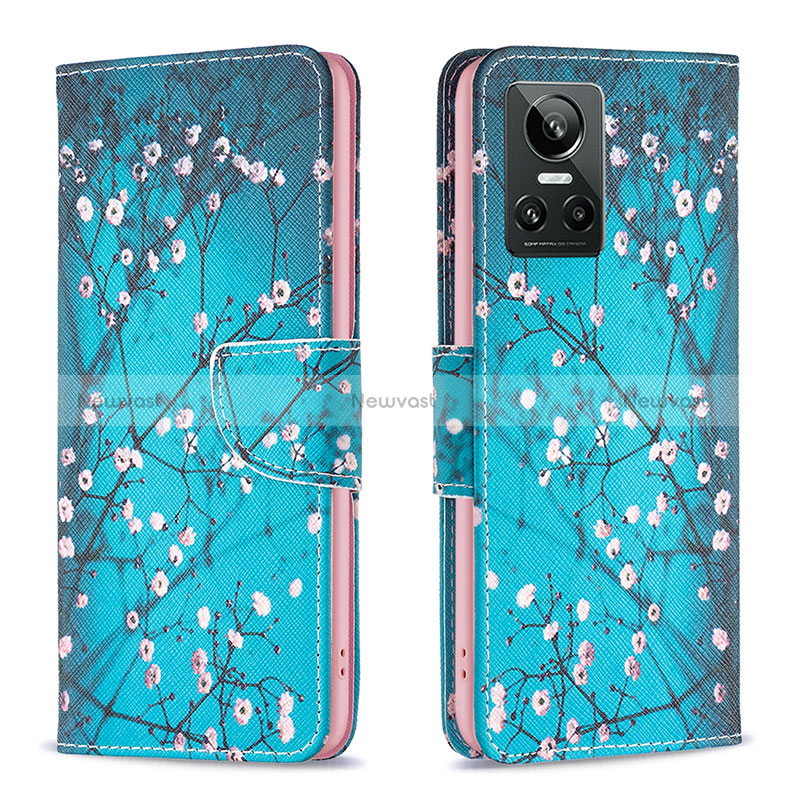 Leather Case Stands Fashionable Pattern Flip Cover Holder B01F for Realme GT Neo3 5G Cyan