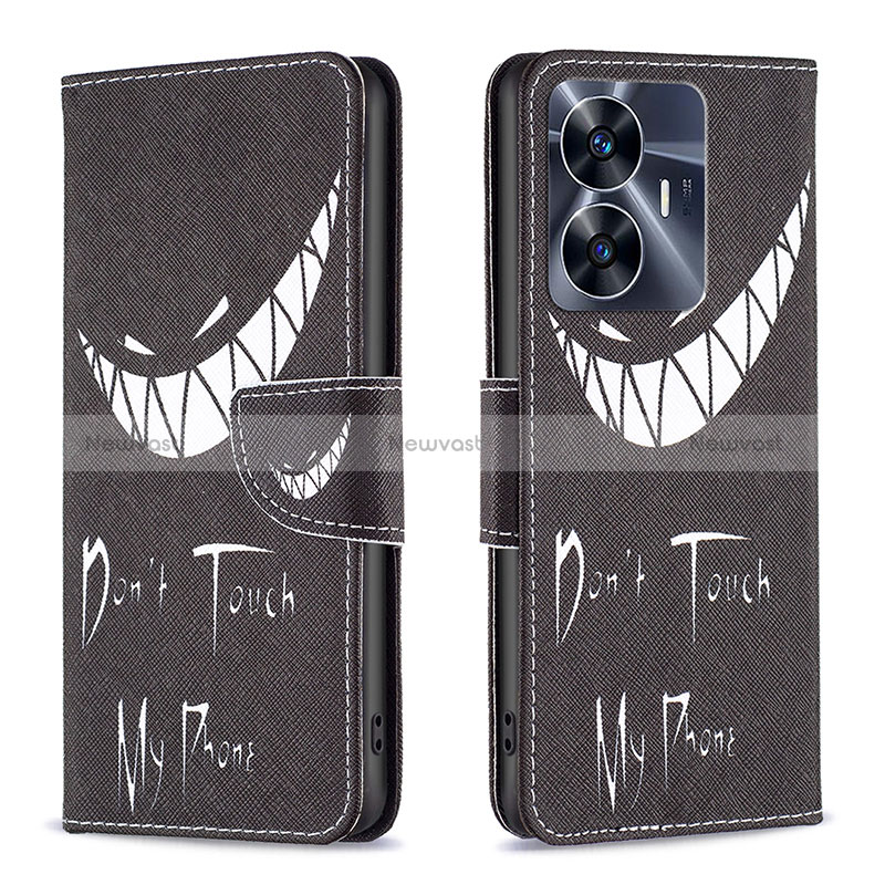 Leather Case Stands Fashionable Pattern Flip Cover Holder B01F for Realme Narzo N55 Black