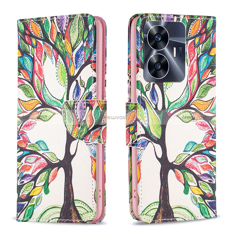 Leather Case Stands Fashionable Pattern Flip Cover Holder B01F for Realme Narzo N55 Green