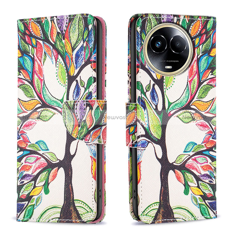Leather Case Stands Fashionable Pattern Flip Cover Holder B01F for Realme V50 5G Green