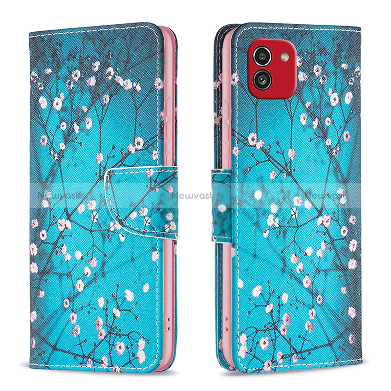 Leather Case Stands Fashionable Pattern Flip Cover Holder B01F for Samsung Galaxy A03 Cyan