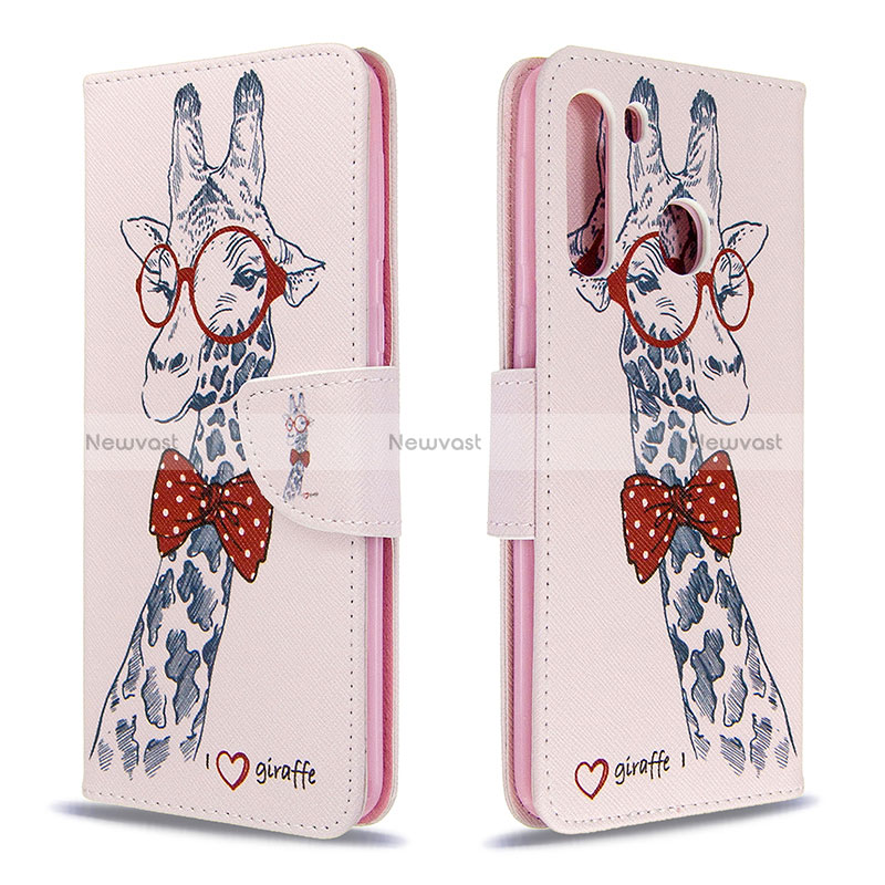 Leather Case Stands Fashionable Pattern Flip Cover Holder B01F for Samsung Galaxy A21 Pink