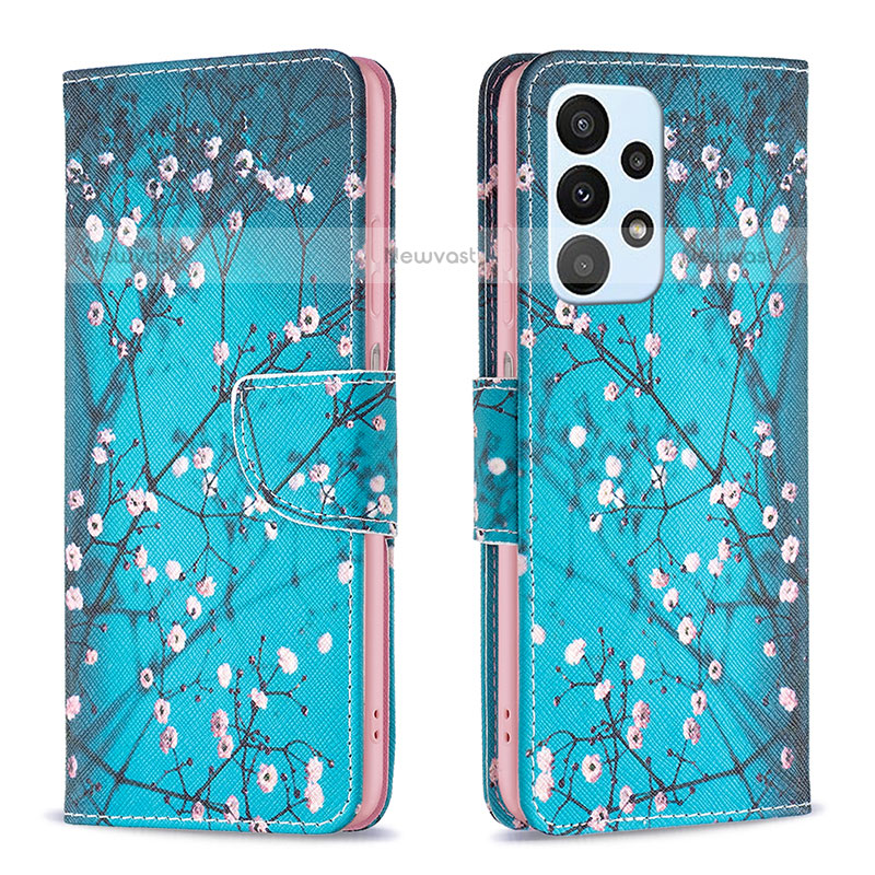 Leather Case Stands Fashionable Pattern Flip Cover Holder B01F for Samsung Galaxy A23 5G Cyan