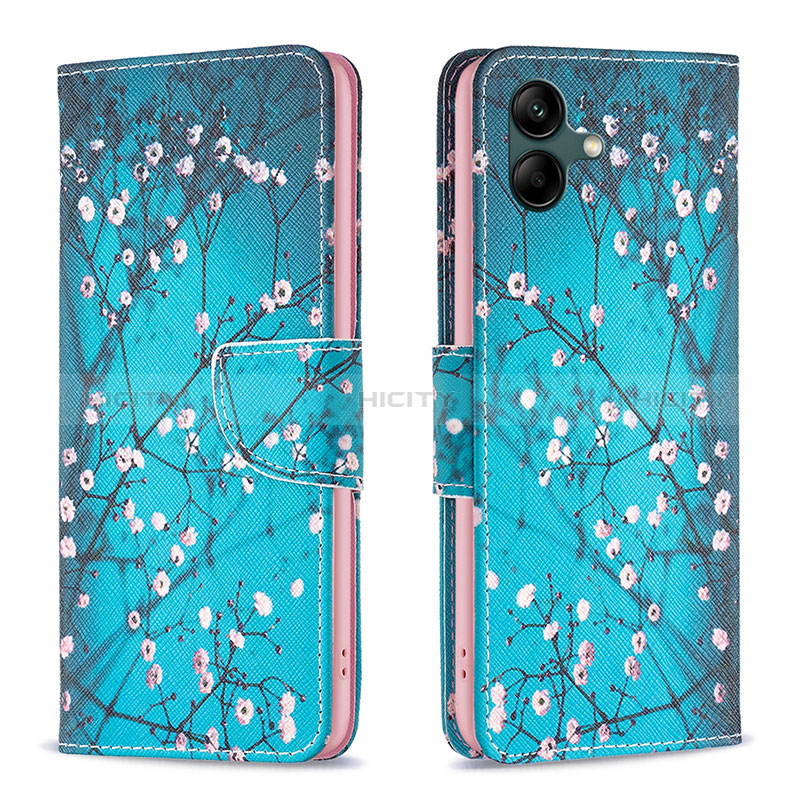 Leather Case Stands Fashionable Pattern Flip Cover Holder B01F for Samsung Galaxy F04 Cyan