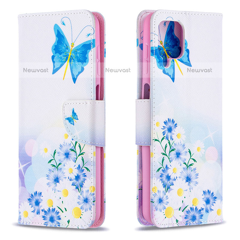 Leather Case Stands Fashionable Pattern Flip Cover Holder B01F for Samsung Galaxy F12 Blue