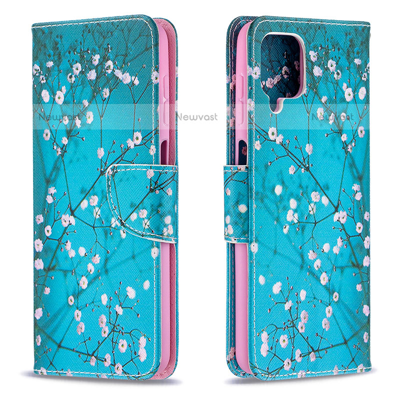 Leather Case Stands Fashionable Pattern Flip Cover Holder B01F for Samsung Galaxy F12 Cyan