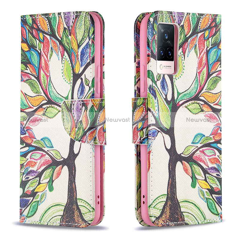 Leather Case Stands Fashionable Pattern Flip Cover Holder B01F for Vivo V21 5G Green