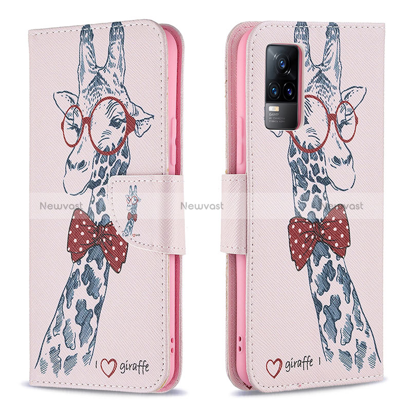 Leather Case Stands Fashionable Pattern Flip Cover Holder B01F for Vivo V21e 4G Pink