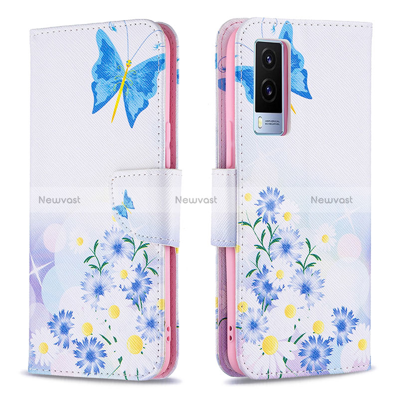 Leather Case Stands Fashionable Pattern Flip Cover Holder B01F for Vivo V21e 5G Blue