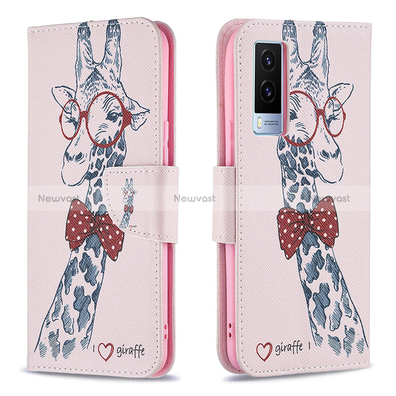 Leather Case Stands Fashionable Pattern Flip Cover Holder B01F for Vivo V21e 5G Pink