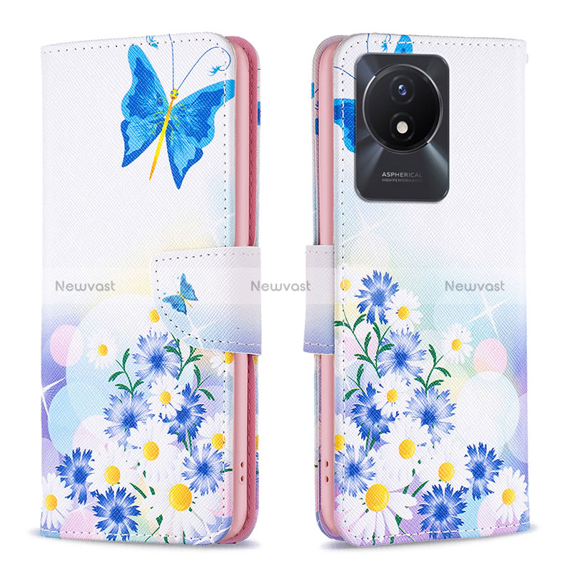Leather Case Stands Fashionable Pattern Flip Cover Holder B01F for Vivo Y02 Blue