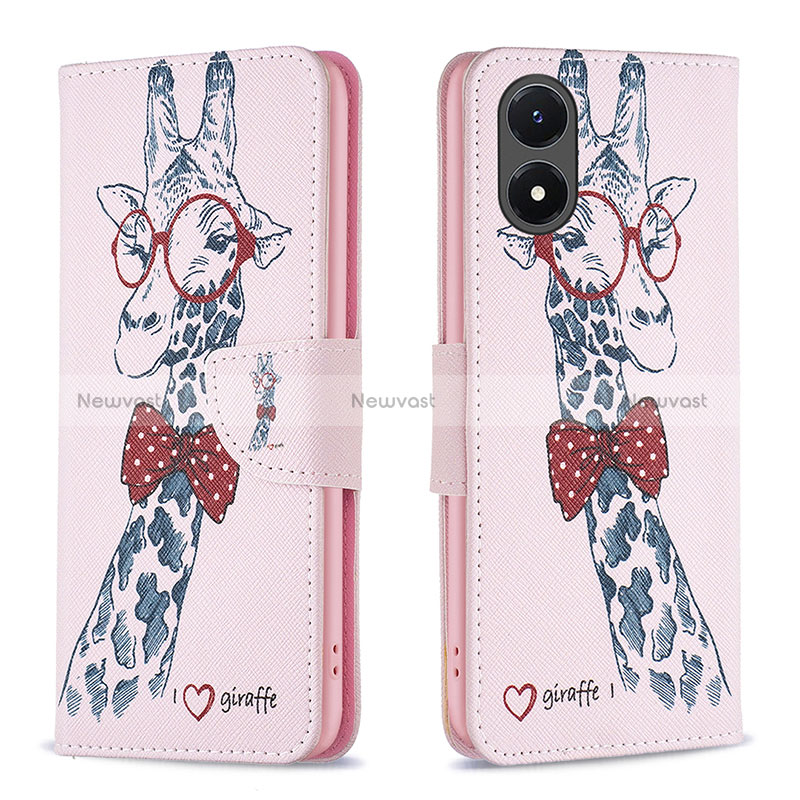 Leather Case Stands Fashionable Pattern Flip Cover Holder B01F for Vivo Y02S Pink