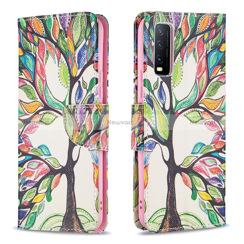 Leather Case Stands Fashionable Pattern Flip Cover Holder B01F for Vivo Y11s Green