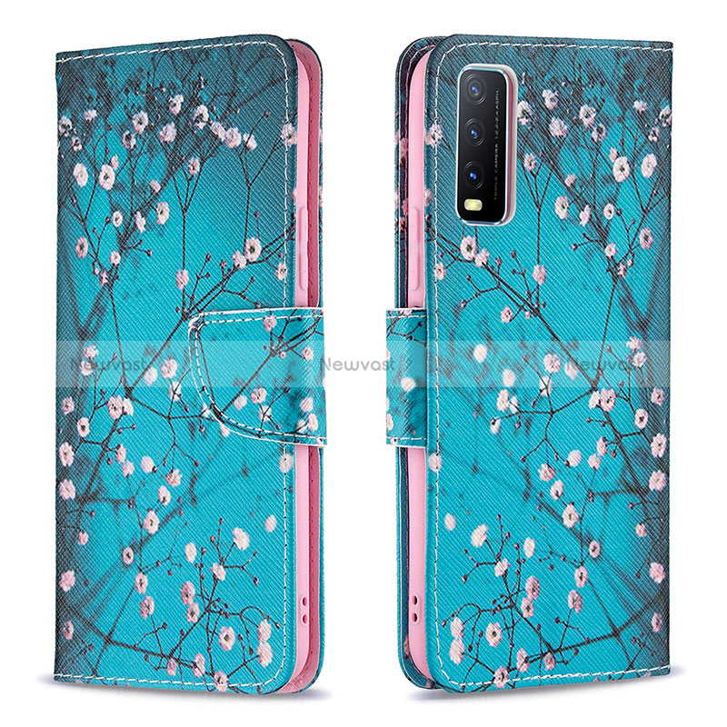 Leather Case Stands Fashionable Pattern Flip Cover Holder B01F for Vivo Y12s (2021) Cyan