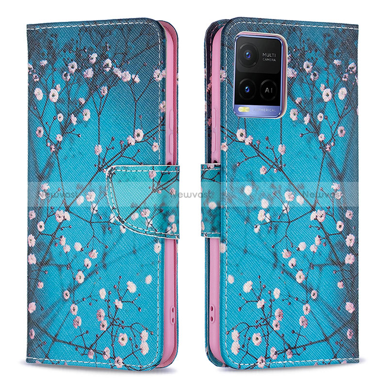 Leather Case Stands Fashionable Pattern Flip Cover Holder B01F for Vivo Y21 Cyan