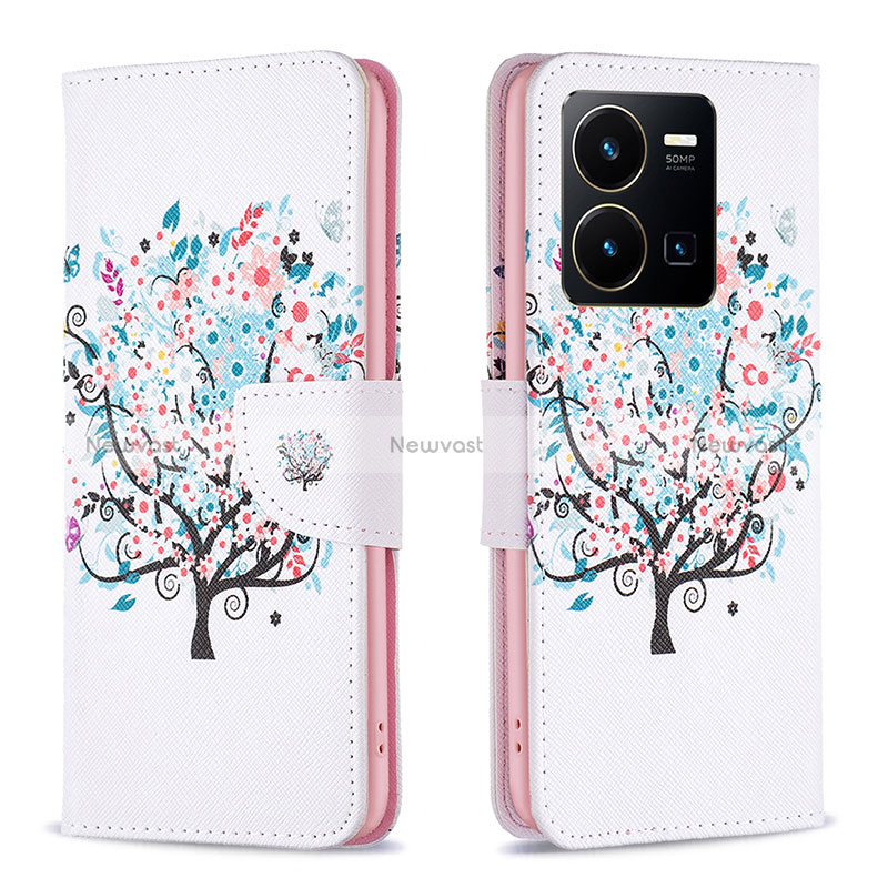 Leather Case Stands Fashionable Pattern Flip Cover Holder B01F for Vivo Y35 4G White