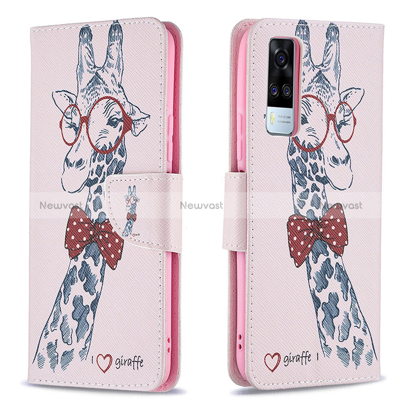 Leather Case Stands Fashionable Pattern Flip Cover Holder B01F for Vivo Y51A Pink