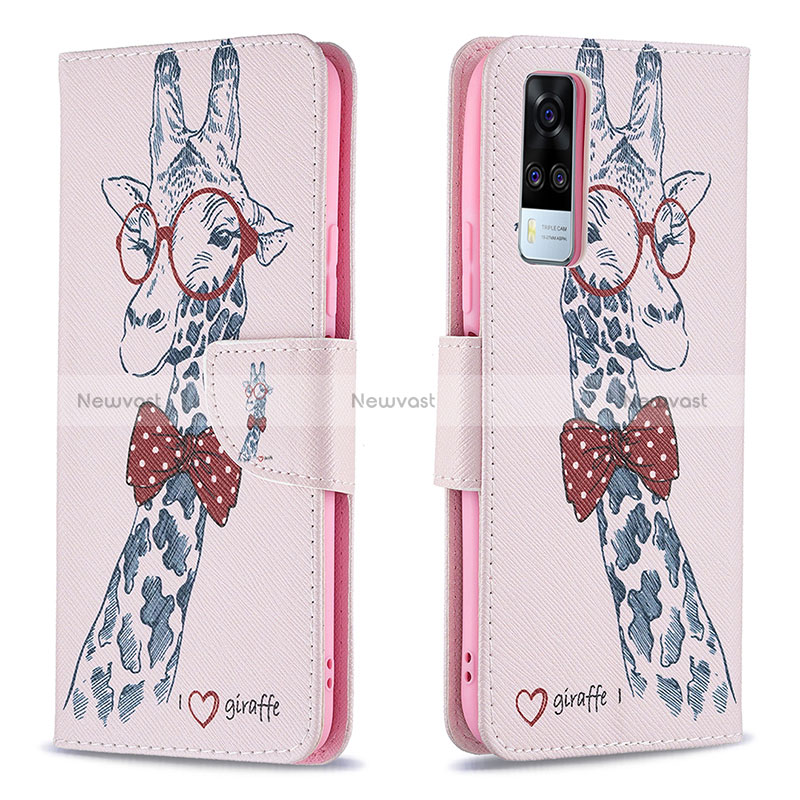 Leather Case Stands Fashionable Pattern Flip Cover Holder B01F for Vivo Y53s NFC Pink