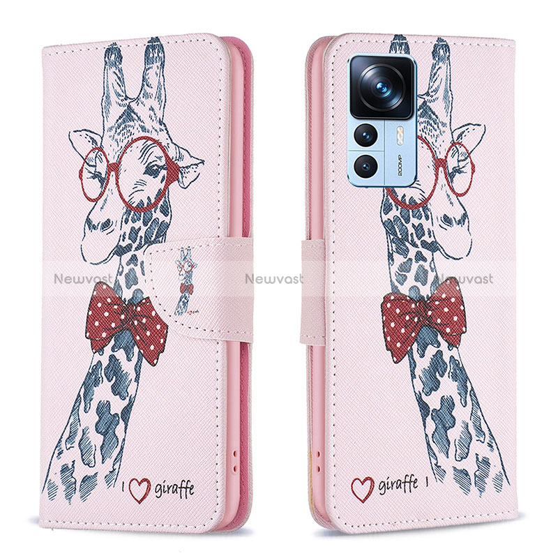 Leather Case Stands Fashionable Pattern Flip Cover Holder B01F for Xiaomi Mi 12T 5G Pink