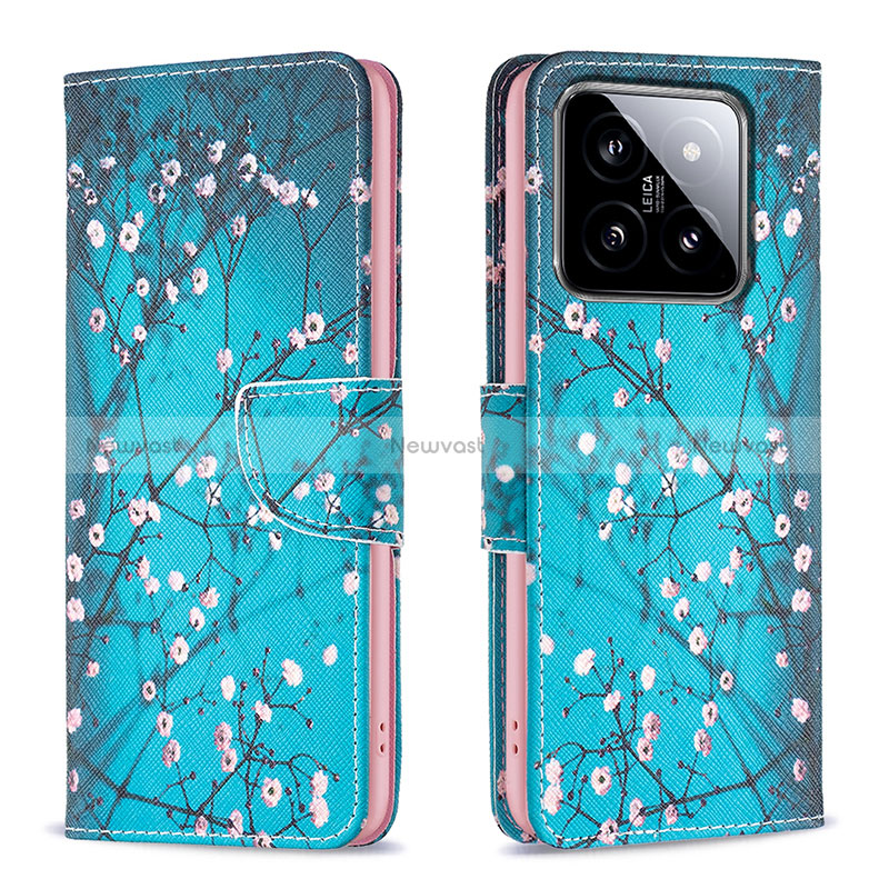 Leather Case Stands Fashionable Pattern Flip Cover Holder B01F for Xiaomi Mi 14 5G Cyan