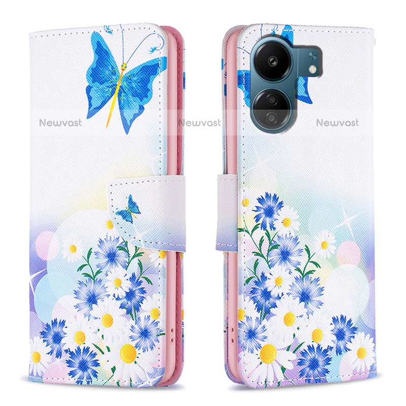 Leather Case Stands Fashionable Pattern Flip Cover Holder B01F for Xiaomi Poco C65 Blue