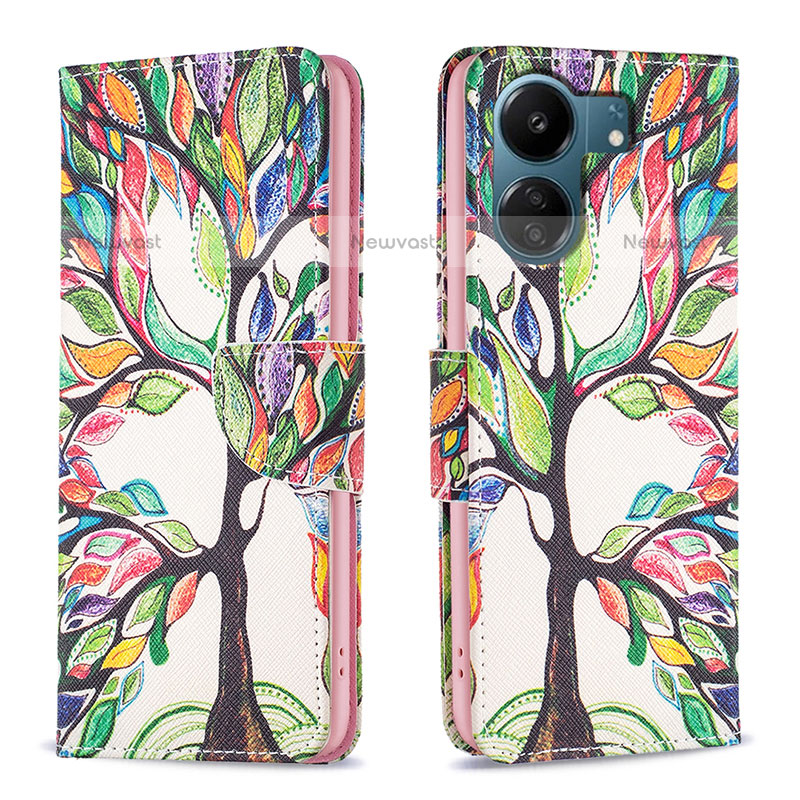 Leather Case Stands Fashionable Pattern Flip Cover Holder B01F for Xiaomi Poco C65 Green